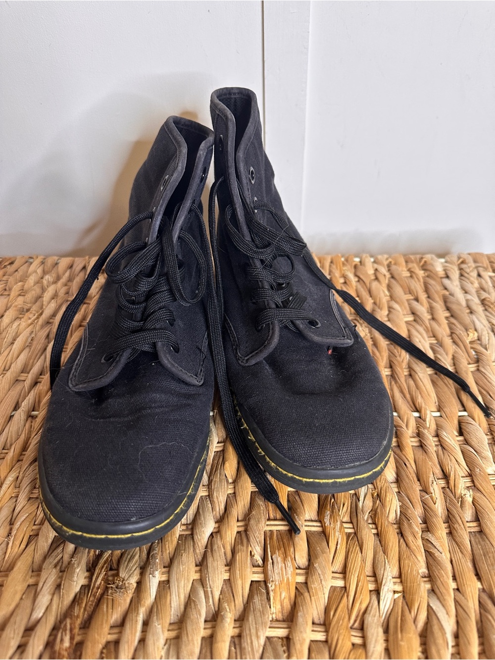 Dr. Martens Black Canvas Ankle Boots with Yellow Stitching